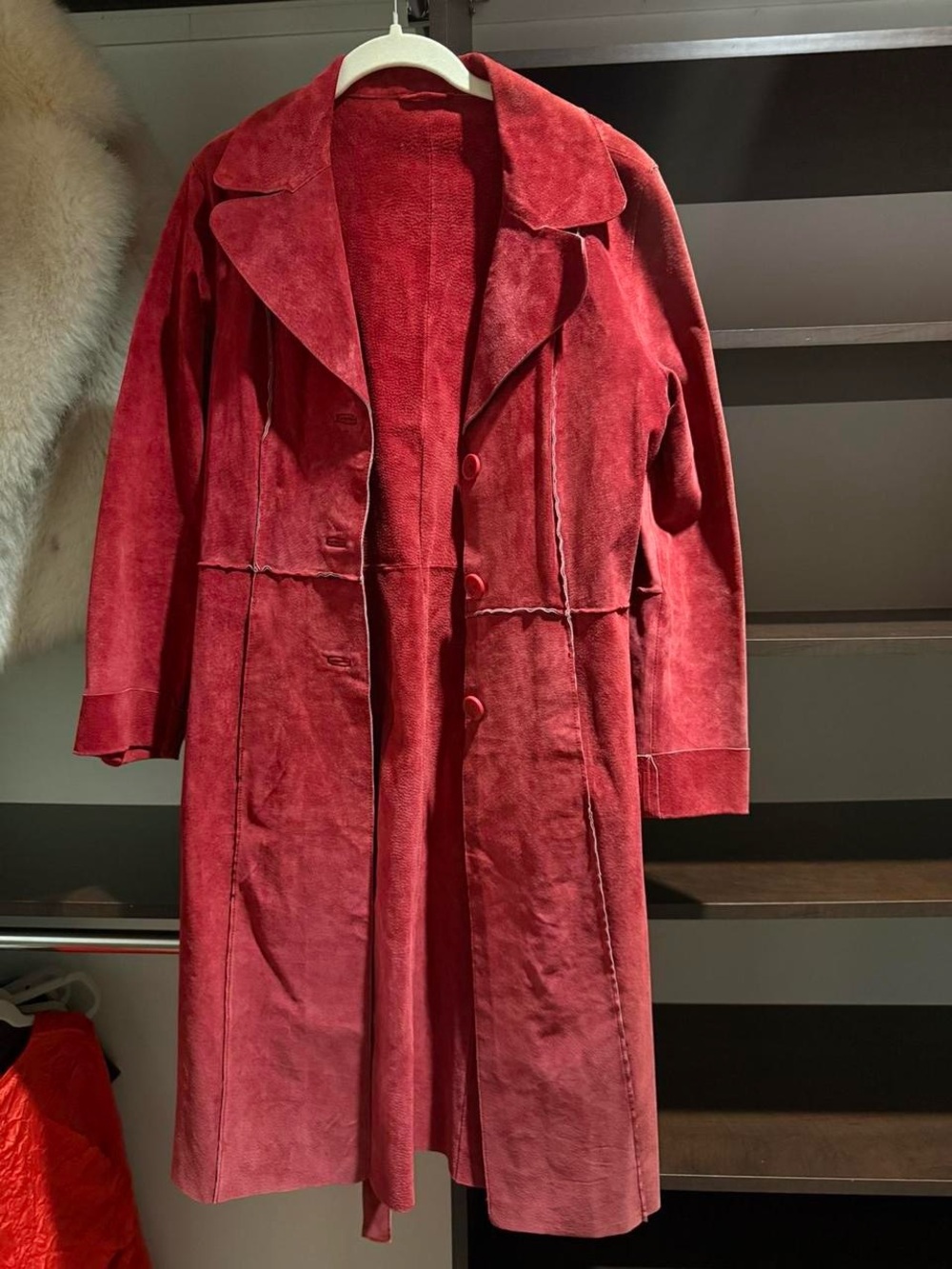 Red 100% Suede Leather Trench Coat with Belt